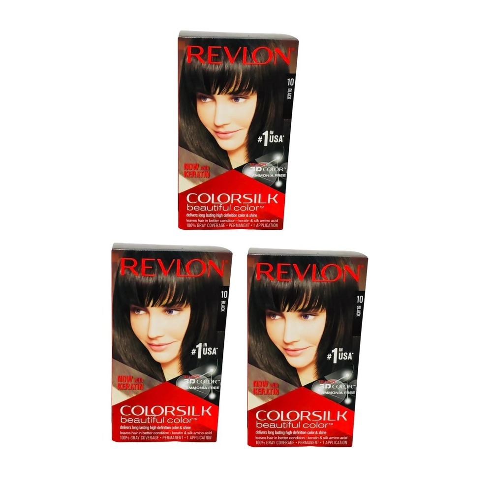 Revlon Colorsilk Beautiful Hair Dye Black #10 with Keratin Ammonia-Free Lot of 3